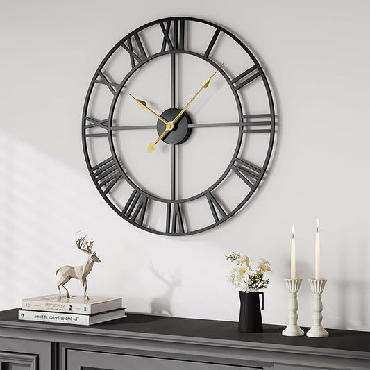 Cuspin 20 Inch Wall Clock Large Clock Battery Operated, Black Metal Round Wall Clocks Modern Silent Non-Ticking Decorative Clock for Living Room Bedroom - Roman Numerals