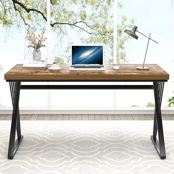 FOLUBAN Home Office Desk, Modern Wood and Metal Computer Desk, Simple Writing Work PC Desks for Bedroom, Industrial Study Gaming Table for Living Room, Rustic Brown, 53 Inch