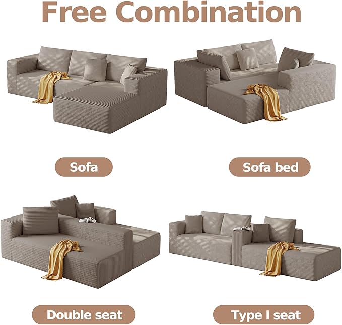 108'' Modular Sectional L-Shaped with Chair,Deep Seat Boneless Corner Couch for Living Room,Plush Corduroy Couch with Detachable Sofa Set,No Assembly(Right Facing Chaise,Camel)