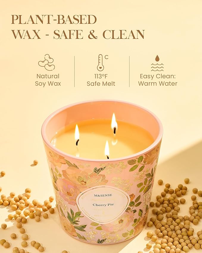 M&SENSE Cherry Pie Scented Candle, 28.2oz 3 Wick Natural Soy Wax Large Candles, Long Lasting Clean Slow Burning No Toxic Décor for Home Relaxation, Romantic Dates & Gift-Giving