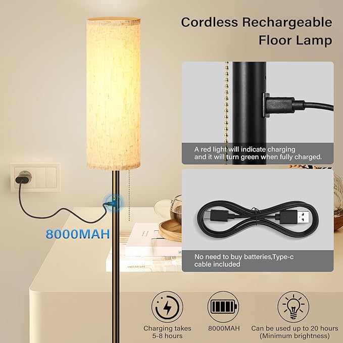 Cordless Floor Lamp for Living Room, with 3 Color Temperature and Pull Cord Switch, 8000mAh Battery Operated Portable Rechargeable Modern Standing Led floor lamp Light for Bedroom Office, Farmhouse
