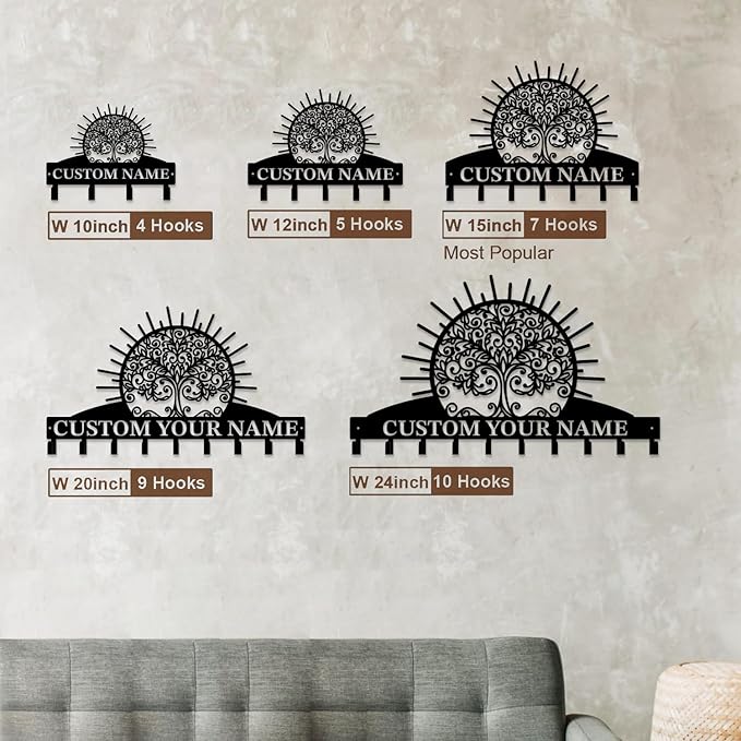 Life Tree Key Hook - Customized Metal Wall Organizer with Name Engraving, Black Iron Home Decor for Themed Collectors (Style D)