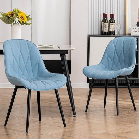 Rowill Dining Chairs Set of 2 Modern Kitchen Chairs with Soft Backrest, Sturdy Metal Legs & Non-Slip Pads, Suitable for Home Kitchen, Faux Leather Upholstered Seats for Dining Room, Blue