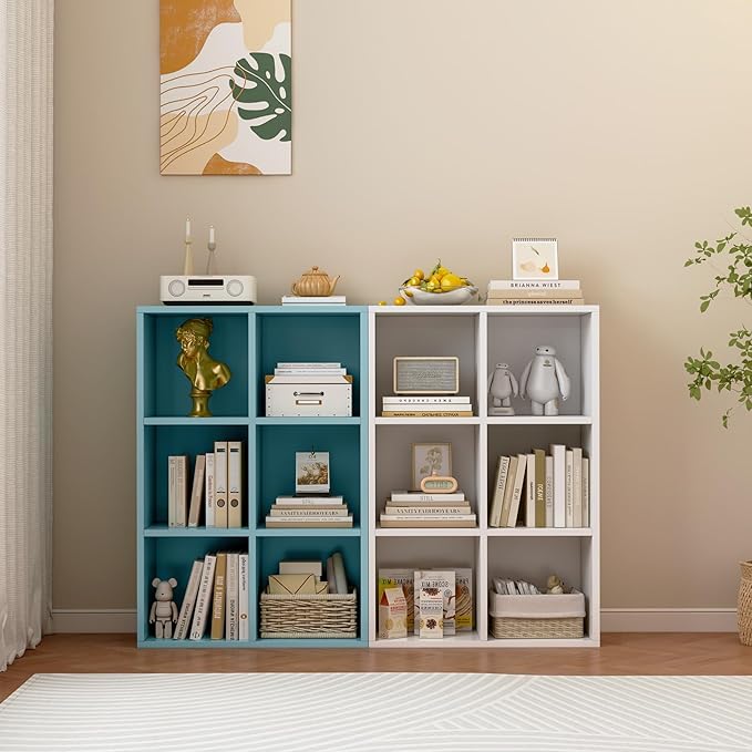 6-Cube Storage Shelf Bookcase - Wooden 3-Tier Floor Standing Open Bookshelf for Home and Office, Display Cabinet, Light Blue