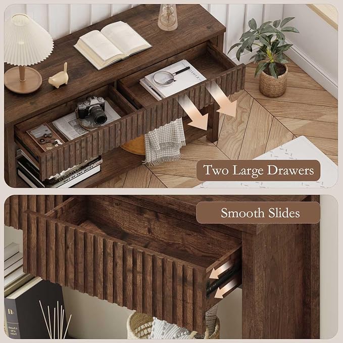 BON AUGURE Console Table with 2 Drawers, 47In Entryway Table with Storage, Sofa Tables with Two-Tier Shelf, Narrow Farmhouse Fluted Couch Tables for Living Room, Rustic Oak