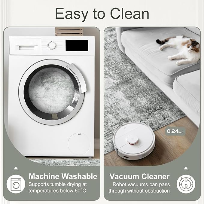 Abstract Washable Area Rug - 6x9 Large Living Room Rugs Soft Stain Resistant Non-Slip Low Pile Foldable Neutral Modern Carpet for Indoor Bedroom Dining Room Home Studio Office - Black/Grey