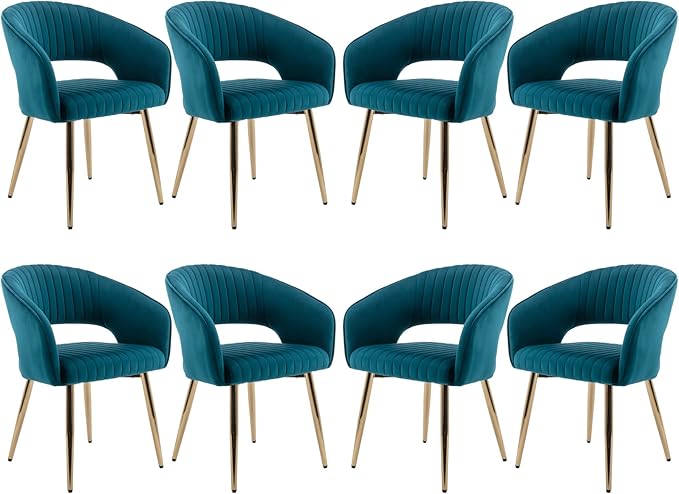 Modern Velvet Dining Chairs Set of 8, Upholstered Gold Dining Chairs with Hollow Back, Dining Room Chairs with Gold Legs, Accent Armrest Kitchen Chairs for Living Room Reception Teal Blue