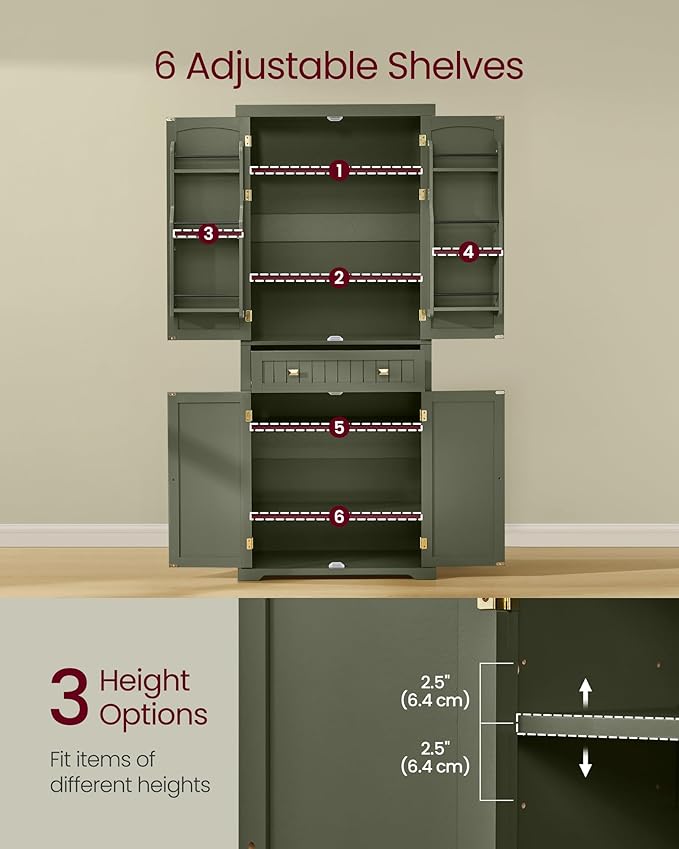 VASAGLE Pantry Cabinet, 15.7 x 30 x 71.7 Inches, Freestanding Tall Cupboard Storage Cabinet with a Drawer, 2 Cabinets, 6 Adjustable Shelves, for Living Room, Kitchen, Forest Green UBBK561C01