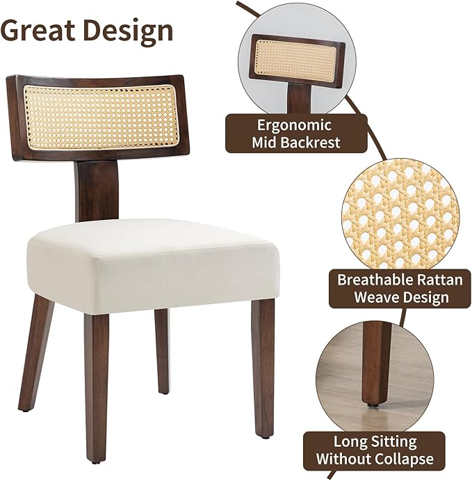 Rattan Dining Chairs Set of 6, Mid-Century Modern Fabric Dining Room Chairs with Brown Hardwood Frame, Upholstered Curved Backrest Kitchen Chair Armless Accent Chairs for Living Room (Cream)