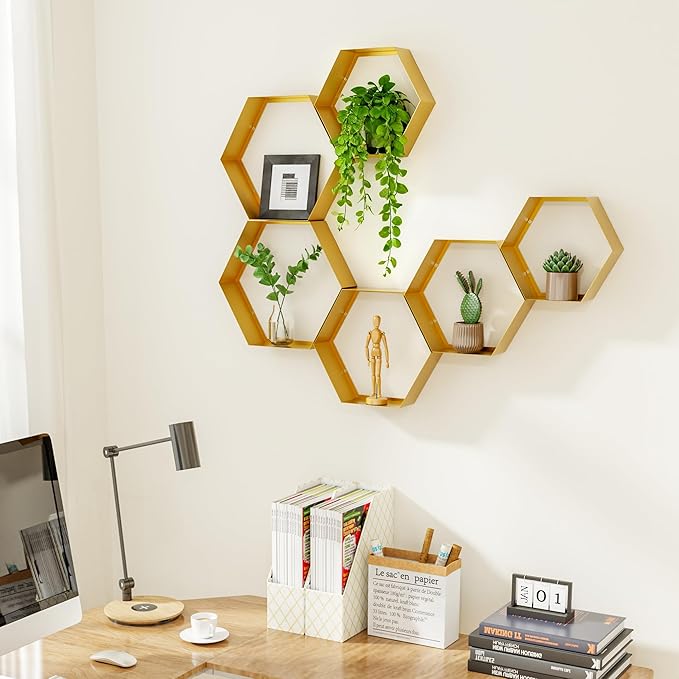 Gonice Gold Metal Hexagon Floating Shelves Set of 6 Honeycomb Wall Shelves Home Decor Shelf for Living Room Bedroom Office