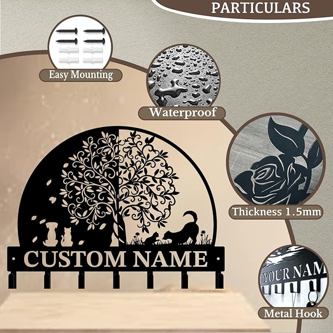 Life Tree Key Hook - Customized Metal Wall Organizer with Name Engraving, Black Iron Home Decor for Themed Collectors (Style B)