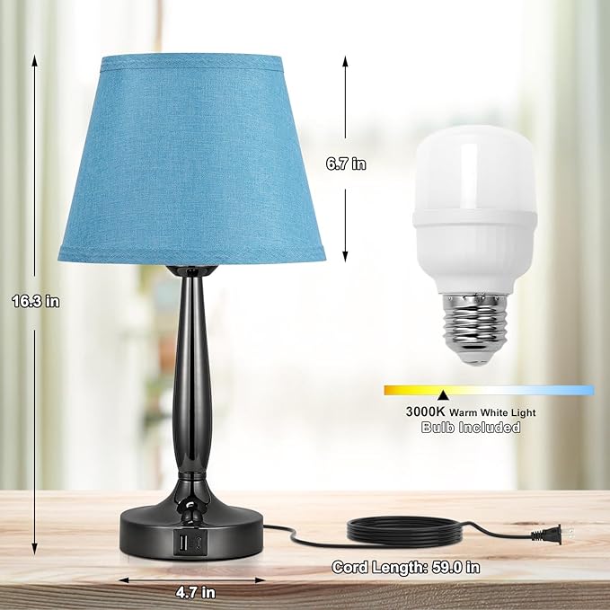 Touch Bedside Lamp for Bedroom with USB C Port, Small Touch Table Lamp with 2 USB Charging Ports, 3 Way Dimmable Nightstand Lamp for Living Room and Office - Turquoise Blue (LED Bulb Included)