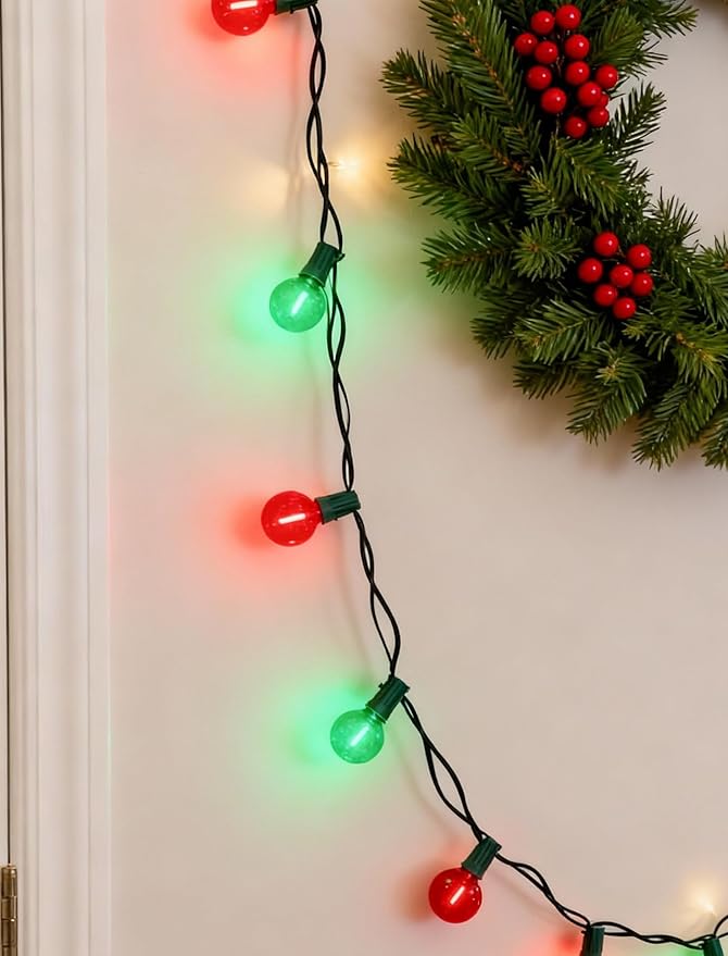 50Ft Clear Red and Green Outdoor LED Lights,G40 Globe Patio Christmas String Lights with 25 Colorful Bulbs(2 Spare),Outside Christmas Hanging Lights for Christmas Tree Roofline Holiday Party