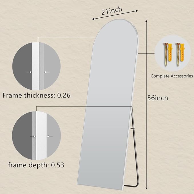 Full Length Mirror - 57" x 20" Arched Floor Mirror/Wall Mounted Aluminum Alloy Frame Full Body Mirrors for Bathroom Living Room Bedroom and Entryway, White
