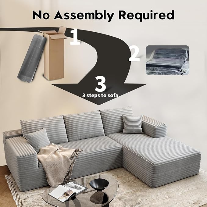 107.5" Cloud Modular Sectional Sofa Couch with L-Shape Chaise,Modern Minimalist Upholstered Couches for Living Room Bedroom,Deep Seat Corner Couch，No Assembly Required (Grey,Right Facing Chaise)