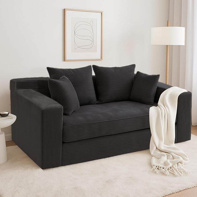 Convertible Sofa Bed, 3 in 1 Loveseat Folding Couch Bed Foldable - Chaise Lounge Chair & Floor Futon Sleeper, Corduroy Pull Out Sofa Bed with 4 Pillows for Living Room, Black