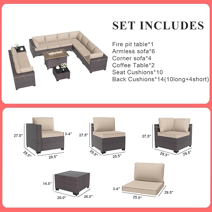 Gotland 13 Pieces Patio Furniture Set with Fire Pit Table, All Weather PE Rattan Outdoor Furniture with 29.5'' High Backrest 4’’ Thick Cushions Coffee Table, Patio Conversation Set for Deck, Khaki