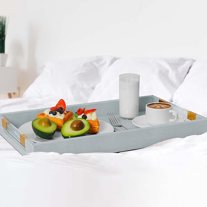 2 Pack Large Ottoman Tray Shagreen Decorative Tray Serving Tray with Acrylic Gold Handles, Ice Blue Vegan Leather Coffee Table Tray for All Occations Home Decor