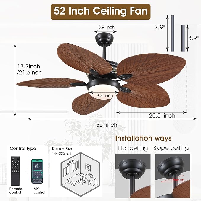 Ceiling Fans with Lights and Remote/APP Control, 52 Inch Tropical Palm Leaf Ceiling Fan with LED Lights, Outdoor Ceiling Fans for Patios Porch, Reversible Quiet Motor, Dimmable, Brown