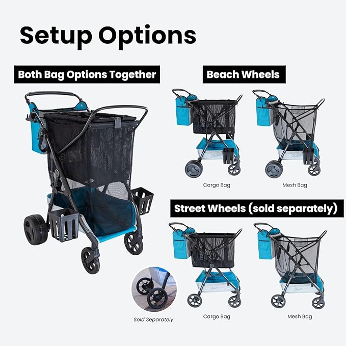 Strolee Large Wheeled Collapsible Beach Cart for Soft Sand, Shopping, Camping & Garden- Lightweight Aluminum Frame- Removable Storage Bag with Carrying Straps, X-L Capacity & Cooler Rack (Blue)