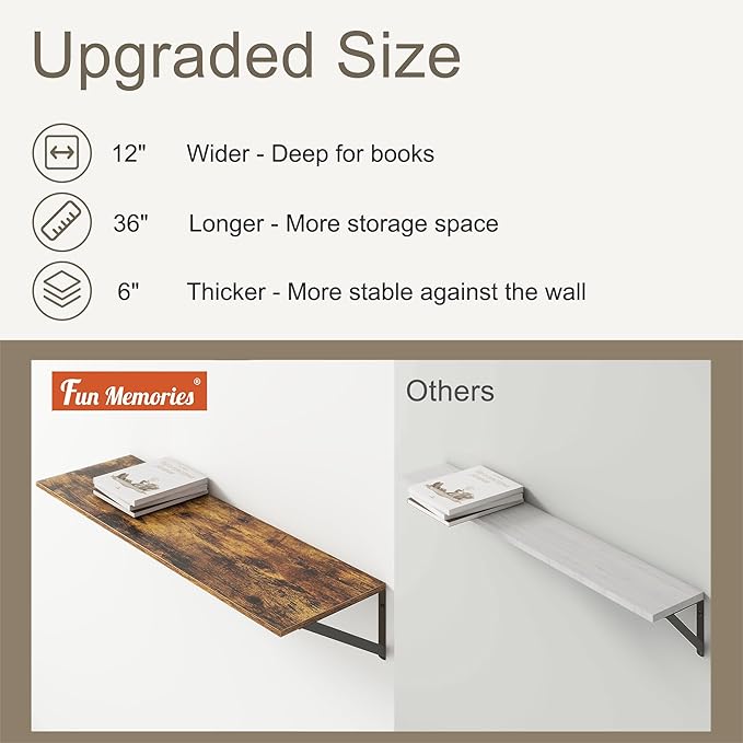 36"W x 12"D Floating Shelves, Deep Floating Shelves with Brackets, 12 Inch Deep Wall Shelves for Books, Wide Display Storage Shelves for Bathroom, Living Room, 36 Inch Long, Rustic Brown, Set of 2