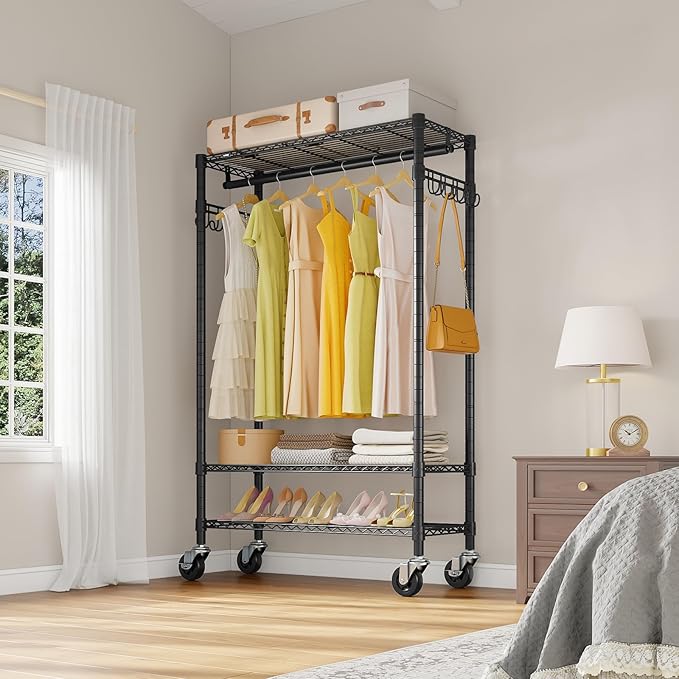 VIPEK R3 Heavy Duty Garment Rack with Lockable Wheels, Portable Rolling Closet with Adjustable Shelves & Hanging Rod & Side Hooks, Compact Space-Saving Storage for Small Apartments/Dorms (Black)