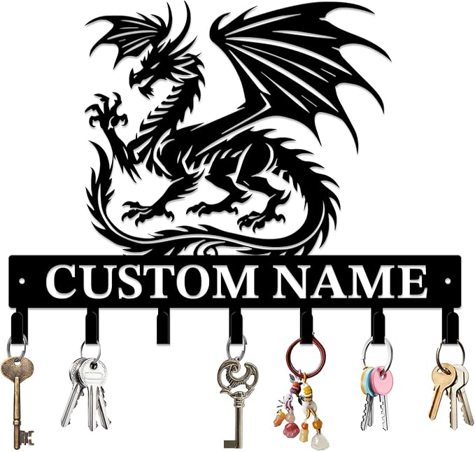 Personalized Evil Dragons Keys Hooks,Custom Name Metal Dragons Art Keys Hooks,Metal Dragons Lover Wall Home Storage Decorative Keys Hooks,Key Holder Hooks for Wall (Style A)