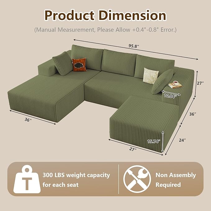 96" U-Shape Cloud Couch, Modern Modular Sectional L-Shape Sofa with Ottoman, Corduroy Upholstered Couches Deep Seat Sleeper Chaise Longue for Living Room, No Assembly Required(Green, Left Facing)