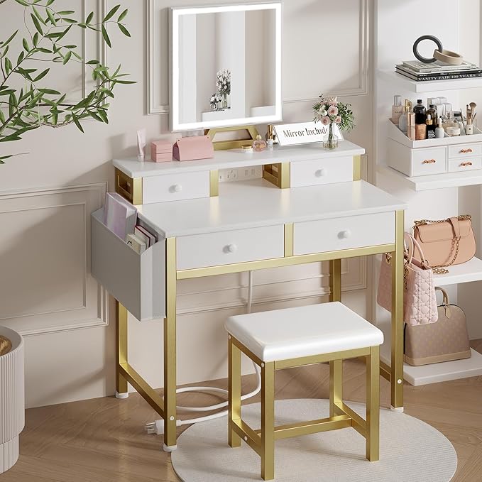 Small Makeup Vanity Desk with Lights, 31 inch Girls Vanity Set with Mirror and Chair, Make Up Dresser Table with Drawers and Power Outlet for Bedroom Small Space, White and Gold