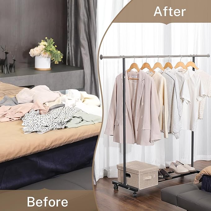 Clothes Rack, 130LB Capacity Heavy Duty Clothing Rack with Wheels and Bottom Shelf, 52.17 Inch Rolling Racks for Hanging Clothes, Coats, Shirts, Sweaters, Skirts, Dress, Black