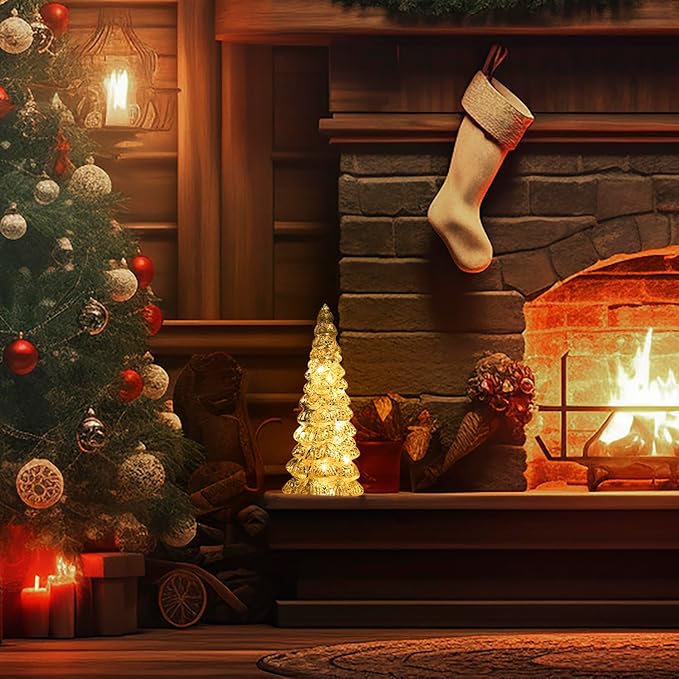 Christmas Tree Glass Decorative LED Light: 13.5" Tall, Battery Operated Holiday Tabletop Ornament, Frosted Glass Christmas Home Decor, Xmas Tree Night Light for Indoor Decor White