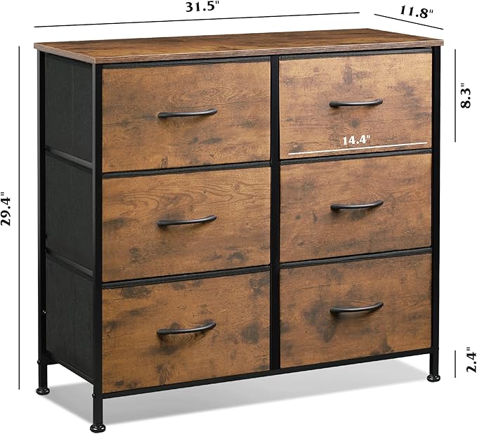 WLIVE 6 Drawer Dresser for Bedroom, Fabric Double Dresser, Storage Tower with Fabric Bins, Chest of Drawers for Closet, Living Room, Hallway, Rustic Brown Wood Grain Print