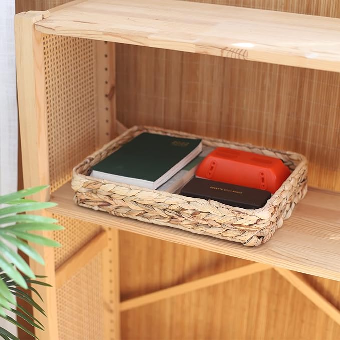Water Hyacinth Woven Serving Tray Rectangular Hand-Woven Wicker Storage Trays for Coffee/Breakfast/Dessert/Fruit/Bread (Original Color - Small)