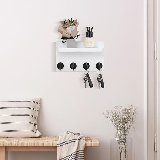 Nekon Key Holder Wall Mount, 8.5 Inch Small Home Decor Wooden Wall Organizer with 4 Hooks and Shelf, Wall Decor for Living Room Entryway Kitchen (White)