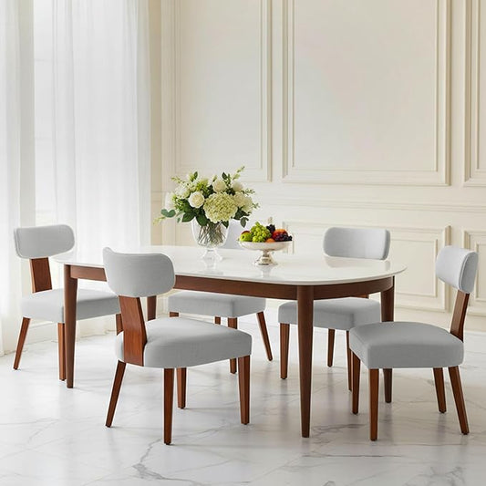 Dining Chairs Set of 5, Mid-Century Modern Upholstered Kitchen Chairs with Curved Backrest and Linen Fabric Seat, Wood Leg Accent Chairs for Dining Room, Living Room, Bedroom, Grey