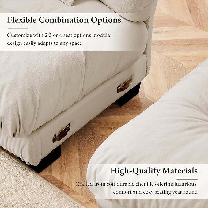 94.4" Loveseat Sofa, 2 Seater Modular Sectional Sofa, Beige Large L Shaped Sectional Fluffy Couch, Chenille Cloud Couch with Ottoman, Deep Seat Sofas for Living Room