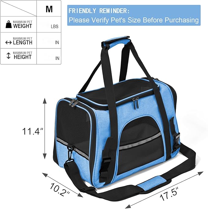 Dog Cat Carrier Soft for Small Pet Up to 16 Lbs TSA Airline Approved Travel Carrier Collapsible Puppy Car Mesh Bag 17.5 * 10.2 * 11.4 inch - Blue