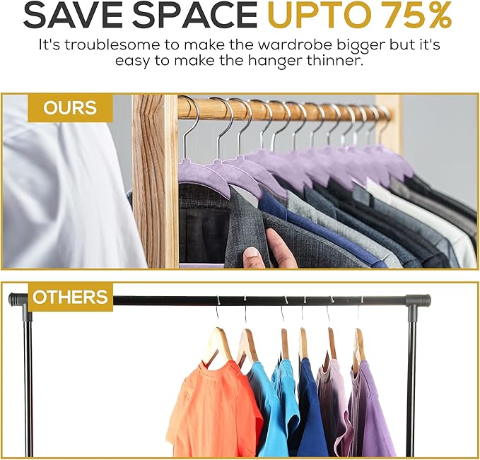 Premium Velvet Hangers 50 Pack Ultra Thin Non Slip Adult Felt Space Saving Suit Hanger for Closet Heavy Duty Coat Pants Jackets Dress Hangers 360° Swivel Hook Hold Upto 10 lbs Purple Hangers