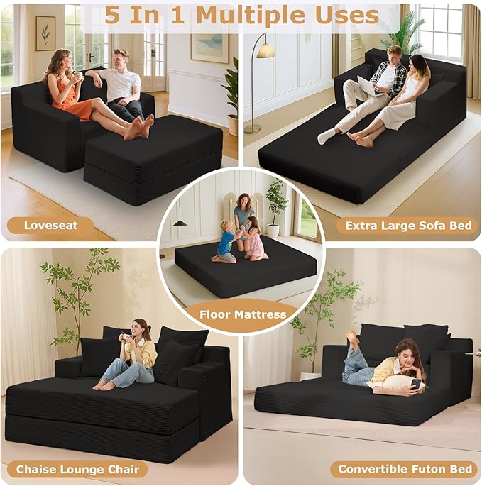 Convertible Futon Sofa Bed with Ottoman, 5 in 1 Folding Couch Bed Loveseat Sleeper, Corduroy Boneless Couch with Deep Seat for Living Room Chaise Lounge Chair Indoor, No Assembly Required, Black