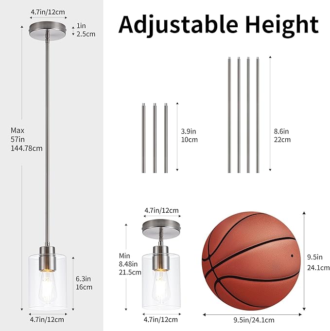 MAYNA 2-Pack Brushed Nickel Hanging Lamps, Contemporary Kitchen Island Pendants with Bulbs, Adjustable Rods Clear Glass Cylinder Lighting for Dining Area