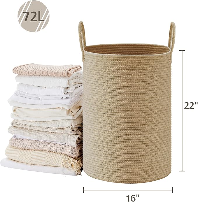 VIPOSCO Large Laundry Hamper, Tall Woven Rope Storage Basket for Blanket, Toys, Dirty Clothes in Living Room, Bathroom, Bedroom - 72L Jute