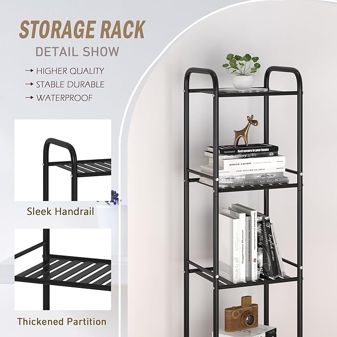JSB 3 Tier Narrow Bathroom Shelving Unit, Kitchen Storage Rack Organizer Metal Corner Shelf for Living Room Laundry Pantry (Matte Black, 3 Tier)