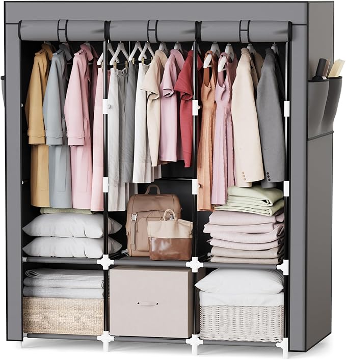 Mavivegue Portable Closet, Wardrobe Closet Organizer with Cover, 3 Hanging Rods and Shelves,Large Capacity for Bedroom, Living Room (Gray, 50" W x 17" D x 64" H)