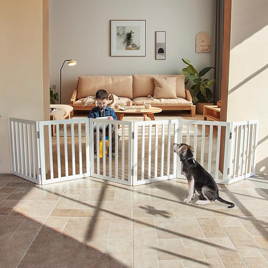 ZJSF Freestanding Indoor Dog Gate for House Foldable Wood White Puppy Gate for Doorways Pet Gate for Stairs Extra Wide Pet Fence 24" Height 6 Panels