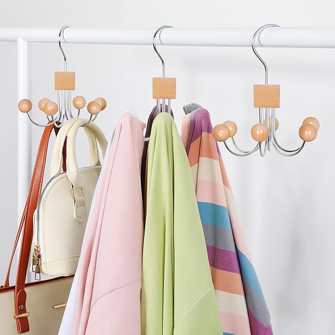 TOPIA HANGER Sweatshirt Hangers 2-Pack with 6 Wooden Balls, Purse Hanger, Scarf Hanger, Wooden Closet Hooks, Handbag Organizer, Bra Hanger, Accessory Organizers for Scarf, Tanktop, Hat, Hoodie CT82N