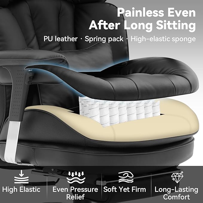 Efomao Big and Tall Office Chair 400lbs, Ergonomic High Back Executive Office Chair with Footrest, Wide Computer Desk Chair for Home Office, Comfortable PU Leather Heavy Duty Chair，Black