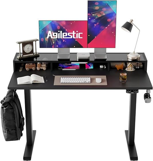 Agilestic Glass Standing Desk with Storage, 48 Inch Electric Adjustable Desk with Glass Shelf, Sit Stand Up Home Office Computer Table, Splice Board, Black