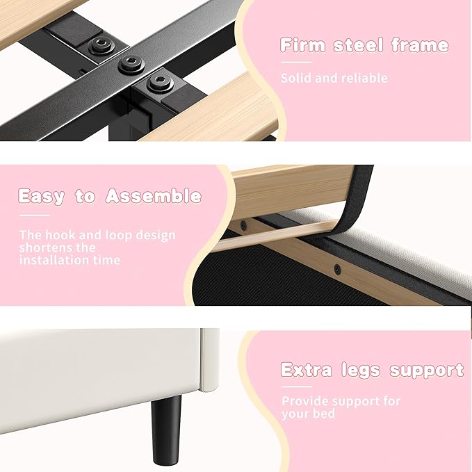 EnHomee Full Size Bed Frame with LED, Velvet Upholstered Headboard and 2 Drawers, Platform Bed Frame with Height Adjustable Headboard, Strong Support, No Box Spring Needed, Easy Assembly, Cream