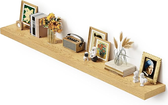 Vivelove 12" Deep Floating Shelves with Invisible Brackets, 72" Wall Shelves for Bathroom Bedroom Kitchen Living Room Laundry Room, Modern Rustic Shelves for Home Decor, 72"x12"x2", Set of 1, Oak