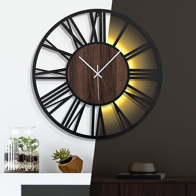 24 Inch Large Metal Wall Clock with Voice and Light Sensor Night Light, Glow in The Dark Non-Ticking Silent Battery Operated Decorative Oversized Wall Clock for Bedroom Living Room Decor